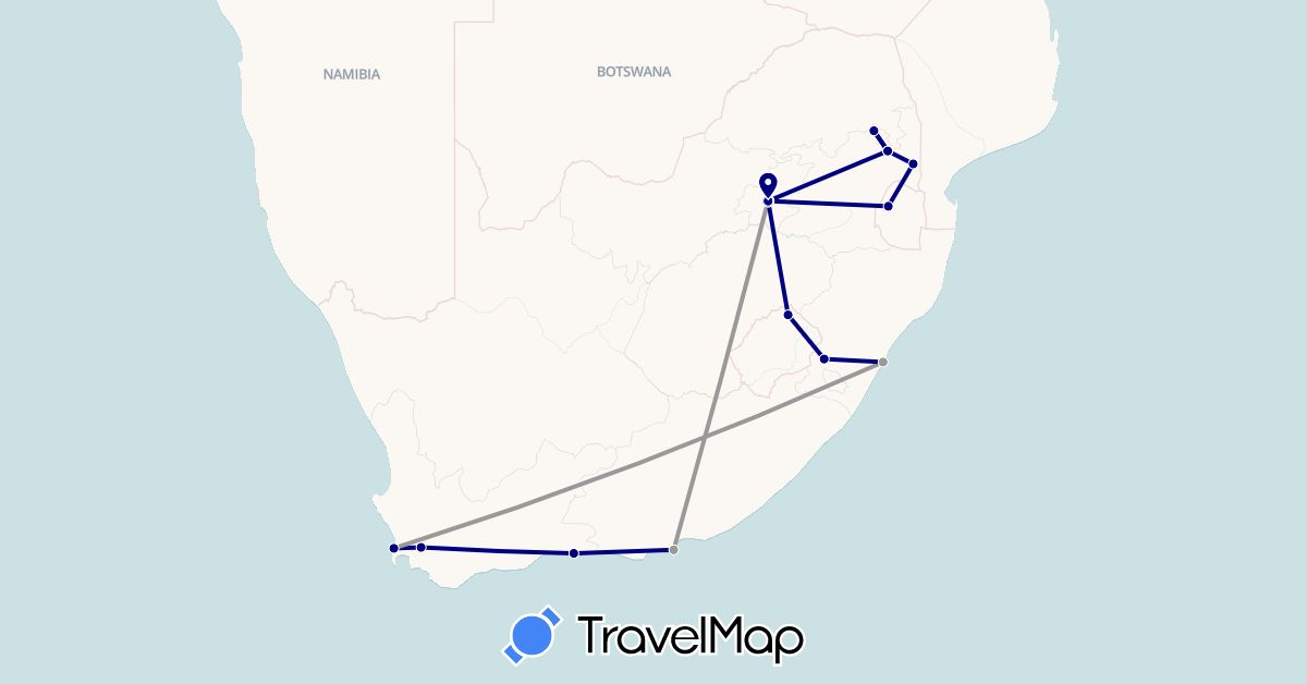 TravelMap itinerary: driving, plane in Lesotho, Swaziland, South Africa (Africa)